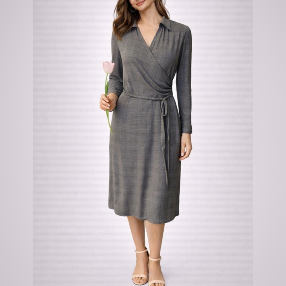 DKNY Shirt Faux Wrap Dress S Small Houndstooth Long Sleeve Stretch Washable